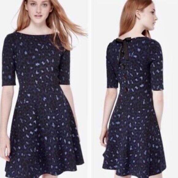 Kate Spade Blue Broome Street Leopard Lace Up Ponte Fit & Flare Dress Sz S Glam - Picture 2 of 13